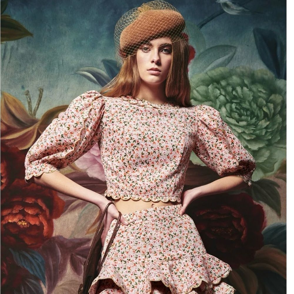 NEW Celia B Corduroy Ceddar Floral Cropped Scalloped Balloons 3/4 Sleeves Top XS